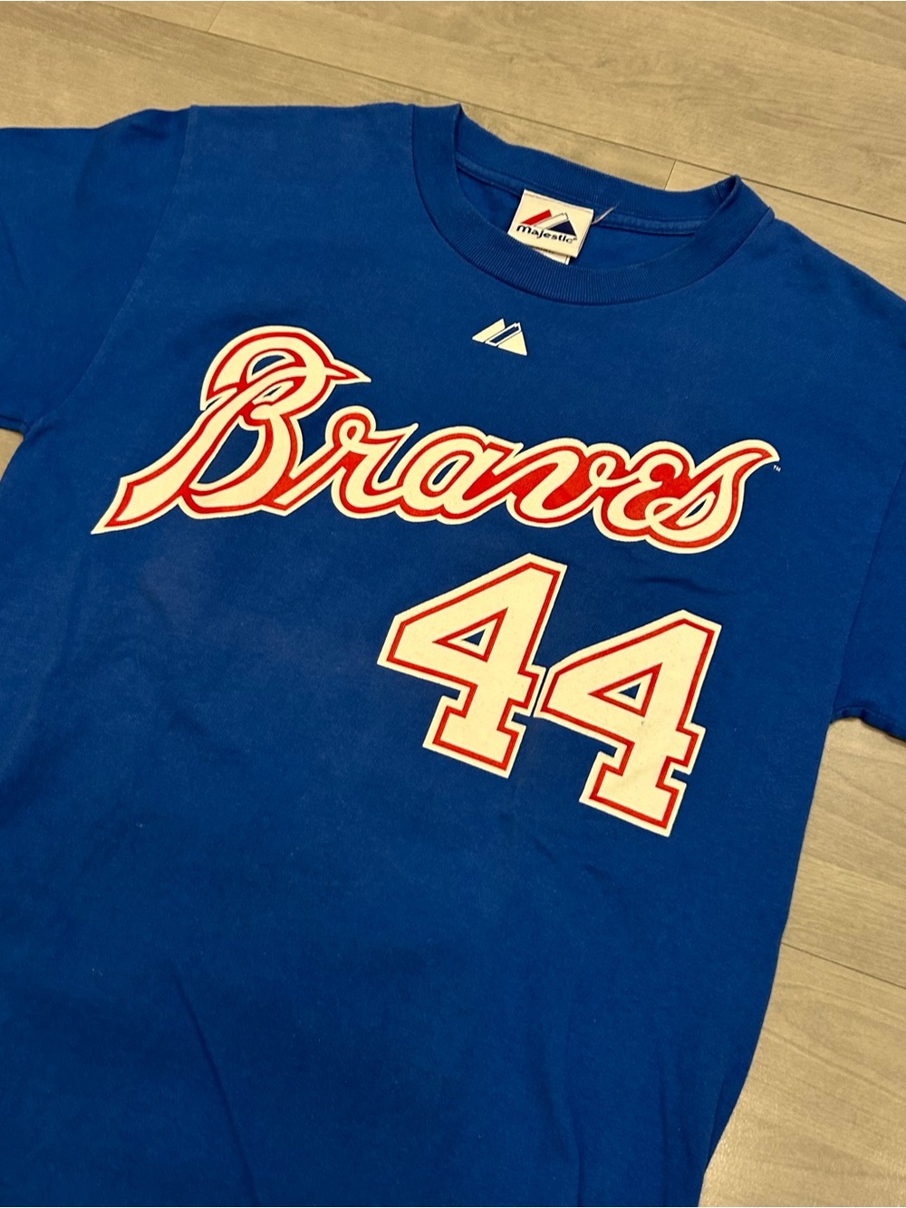 Majestic Hank Aaron #44 Atlanta Braves T Shirt Mens Small Blue MLB Baseball